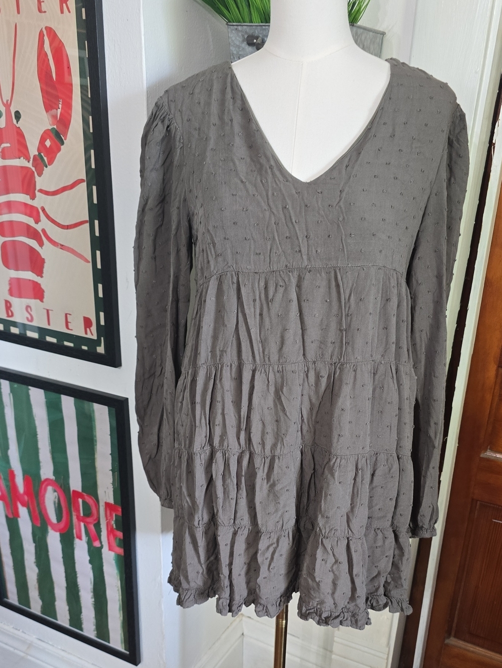 Blue Rain Olive Green Swiss Dot Textured Tiered V-Neck Long Sleeve Dress